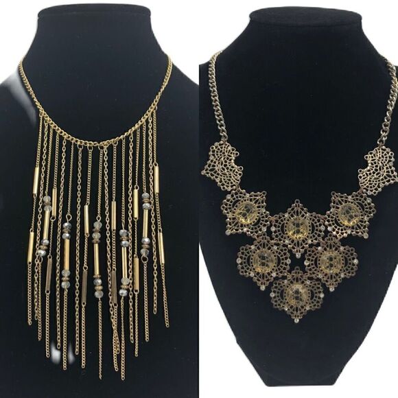 Lot of 2 Statement Necklaces Gold Tone Fringe Regal Look Women's Jewelry Fashion - Picture 1 of 10